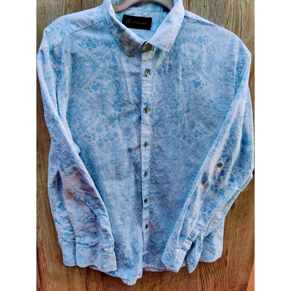 INC Men's Blue & White Paisley Button-Down Shirt Nautical Coastal Size L